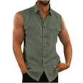 thumbnail image 2 of Handshe Men's Hawaiian Sleeveless Solid Color Linen Button - Up Shirt with Lapel Pocket Beach Shirt, 2 of 3