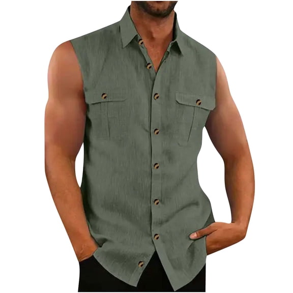 Kukoosong Men's Solid Color Linen Sleeveless Button-Up Shirt with Lapel Pocket, Hawaiian Beach and Office Casual Tank Top Men Button Down Tank Tops