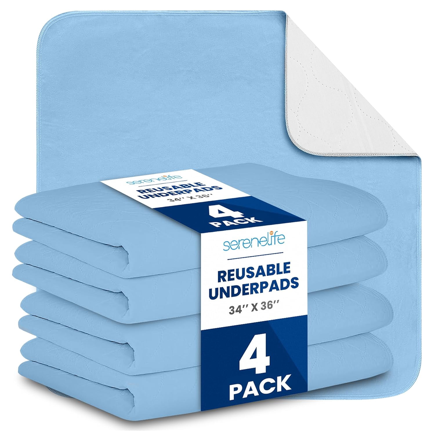 SereneLife Reusable Underpads 4-Pack – 34 x 36 Incontinence Bed Pads for Adults, Kids & Pets, Super Absorbent, Leak-Resistant, Washable & Reusable with Soft Top Layer (Blue)
