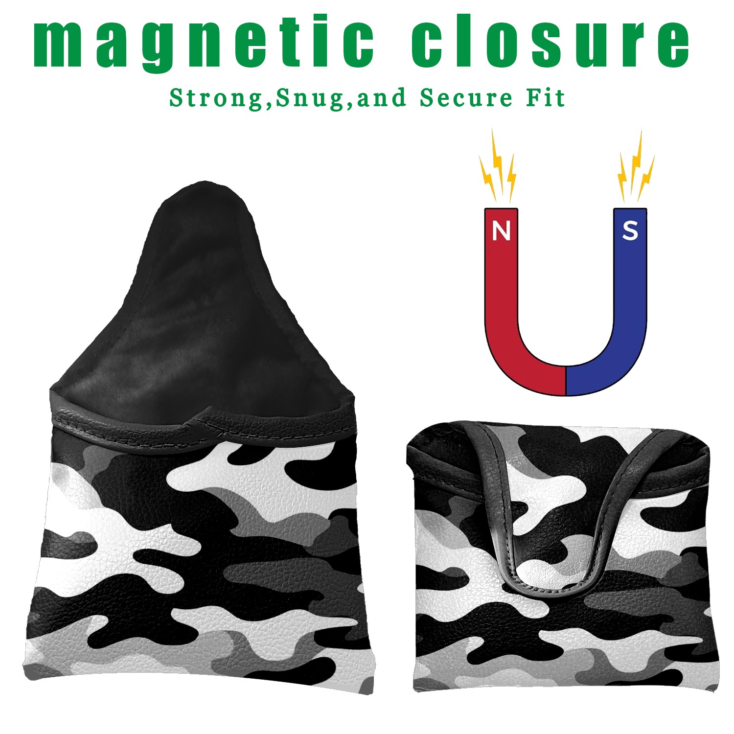 Golf Mallet Putter Cover Premium Leather Waterproof Golf Putter Head Cover with Magnetic Closure Black White Camouflage