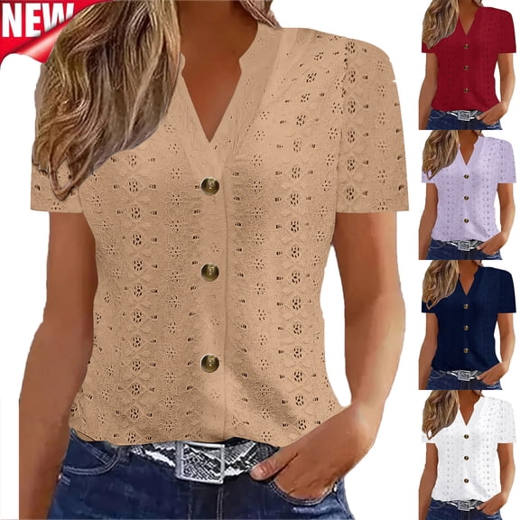 Tqyyweavej Women's Eyelet Shirts Button Down Solid Color Short Sleeve Blouses Hollow Out V Neck Summer Tops for Women XS-2XL