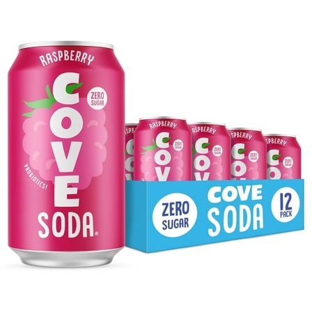Cove Soda Probiotic Soda, Zero Sugar, Naturally Sweetened, Caffeine-Free & Gluten-Free, Raspberry, 12 fl oz, 12 Pack