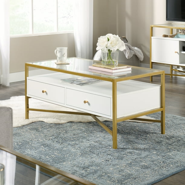 Curiod Glass Top Gold Metal Rectangular, White Coffee Table With Glass Top Storage