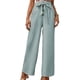thumbnail image 4 of Pantalones anchos de pierna verde 2XL, color sólido, cintura con lazo, botones en la parte delantera, ajuste holgado informal para vacaciones, citas, trabajo y estilo diario, 4 of 6