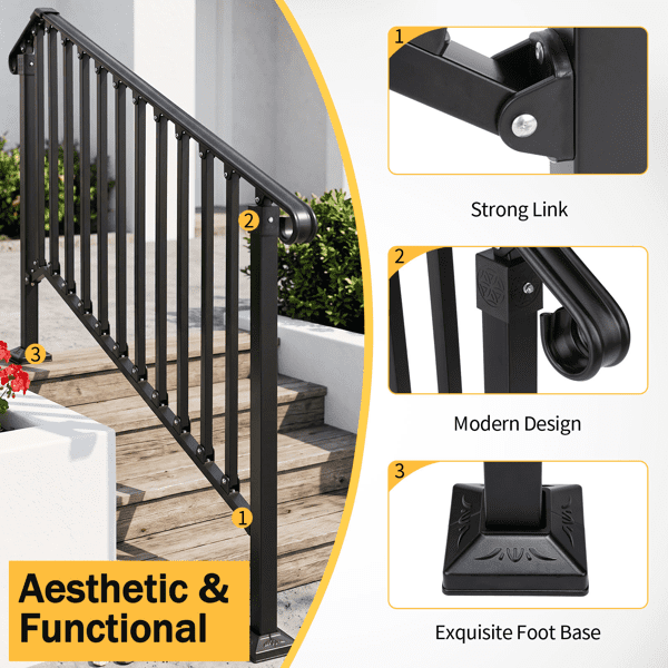4‑Tier ABS Plastic Handrail for Patio Courtyard Stairs, Matte Black