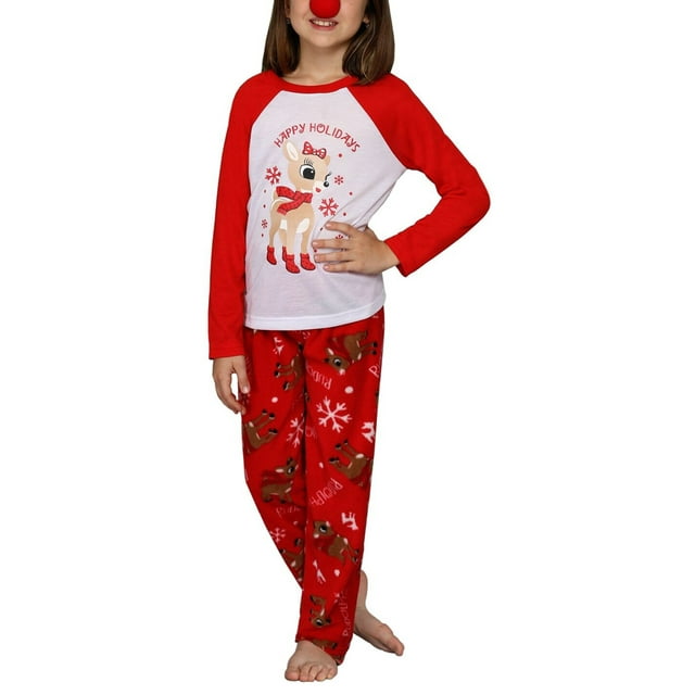 Kmbangi Ensemble de Pyjamas de Noël pour la Famille, Imprimé Cerf Col Rond Hauts+pantalons