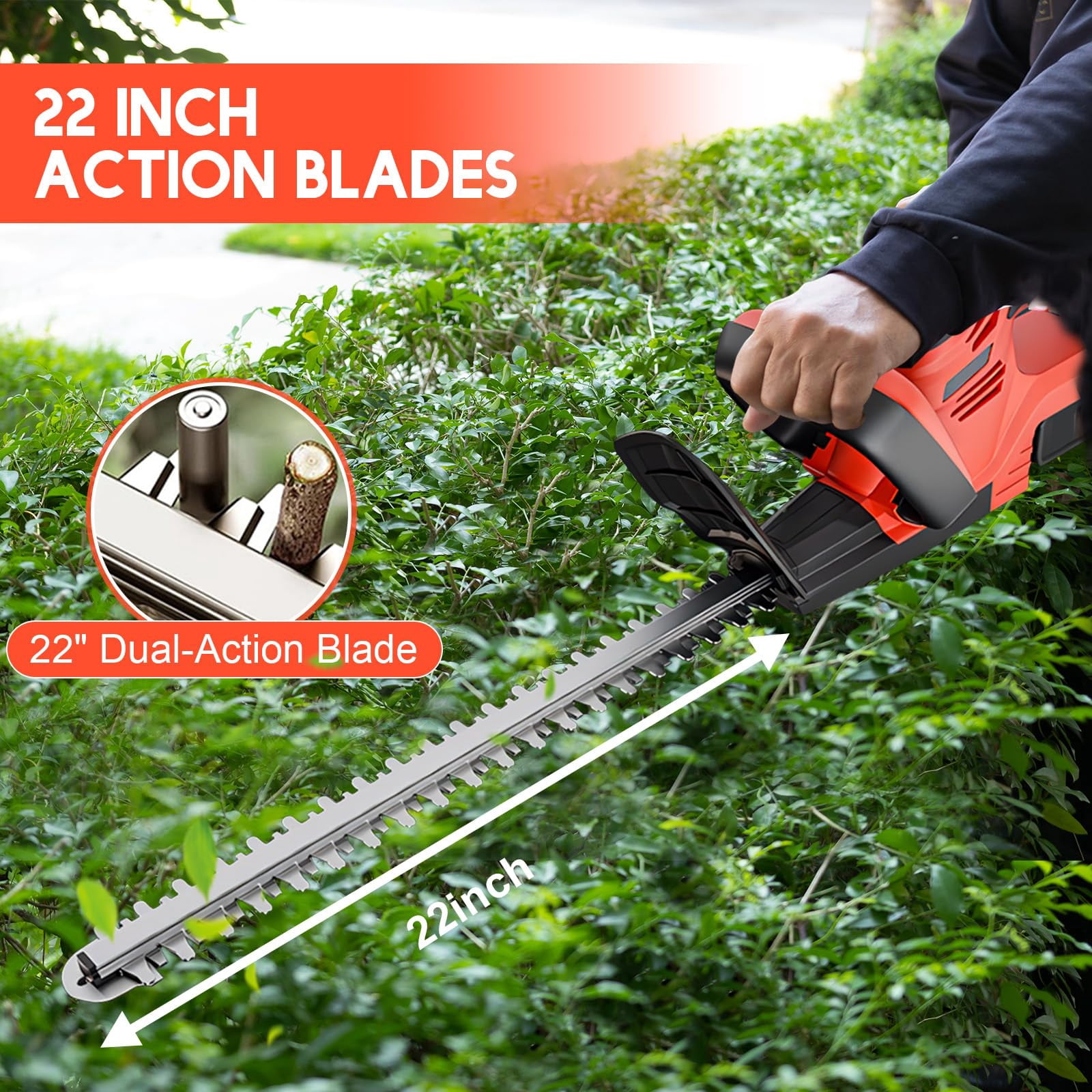 22 inch Cordless Hedge Trimmer, Electric Hedge Trimmer with 2×3.0Ah Batteries for Cutting Trimming Bushes and Shrubs