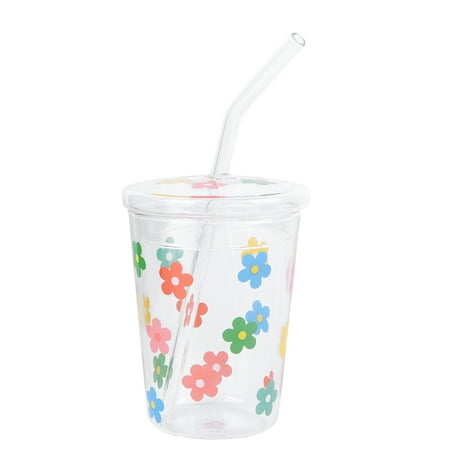 

1pc Straw Cups Flower Patter Water Cup Glass Cups Beverage Cup Drinking Cup