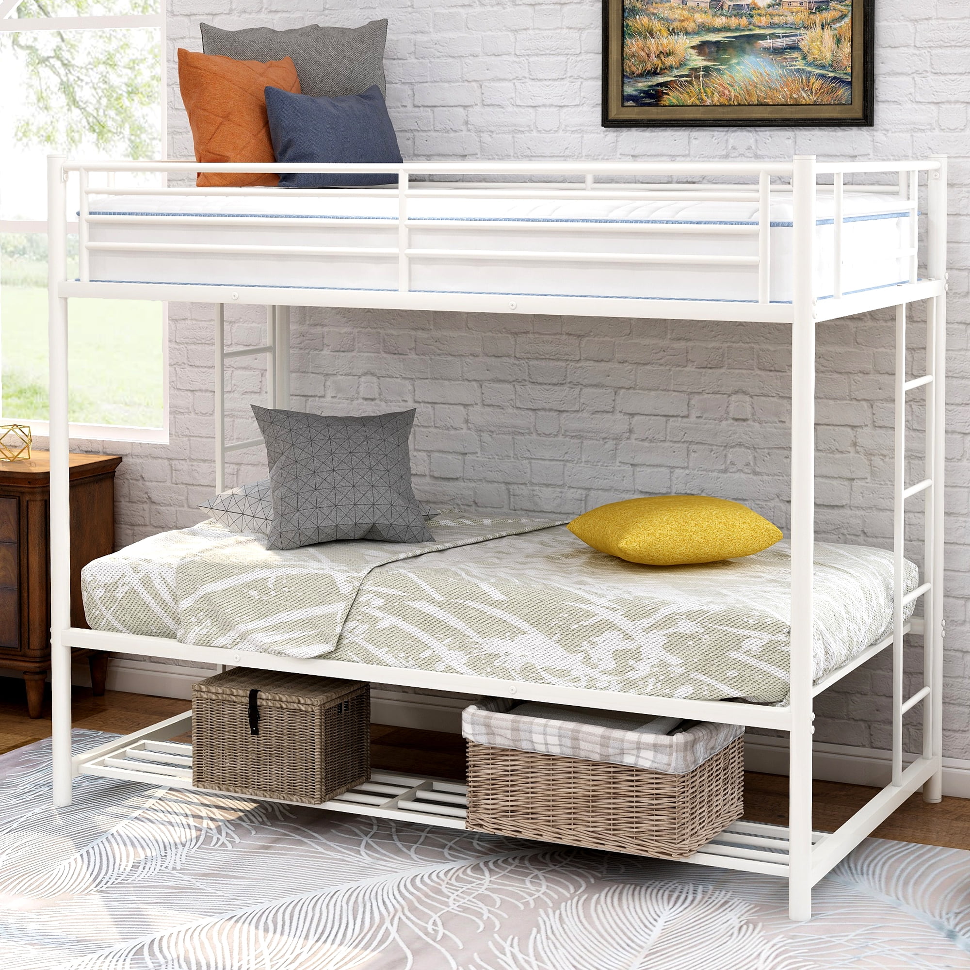 EUROCO Metal Twin Over Twin Bunk Bed Frame With Storage Shelf, White