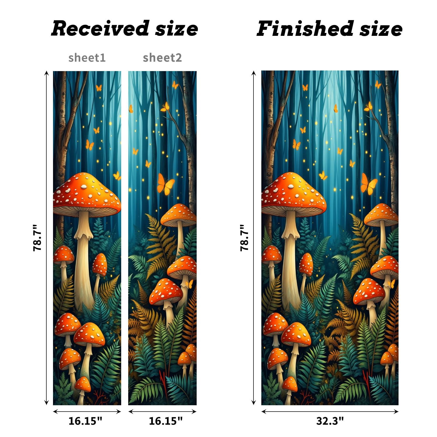 Self Adhesive Vinyl Refrigerator Wrap Set Magical Forest Vibrant Red Mushrooms Butterflies Botanical Door Mural Removable Fridge Sticker Peel and Stick&nbsp;Full Door Cover Decal Kitchen Bar Decor