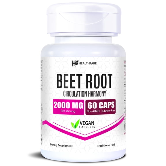 HealthFare Beet Root Capsules 2000mg | Natural Vitality & Nitric Oxide Support | High Potency Supplement | Beetroot powder | 60 Vegan Pills | Plant-Based | Non-GMO | Gluten-Free | Made in USA