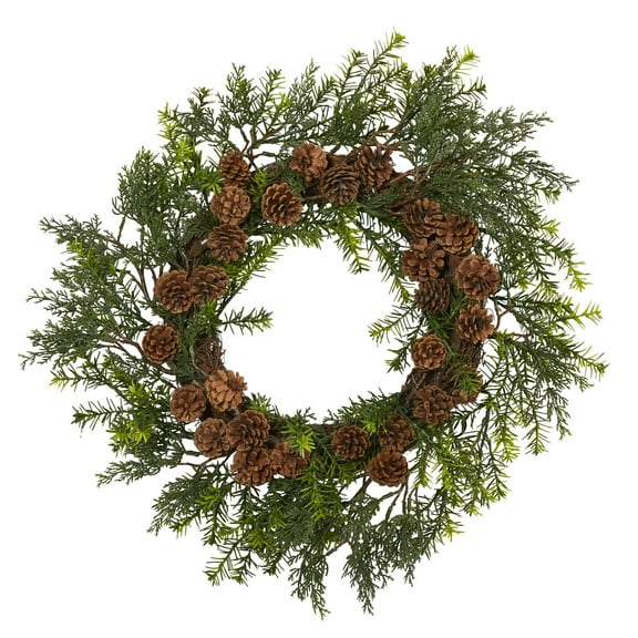 Nearly Natural 22in. Cedar, Grass and Pine Cone Artificial Wreath UV Resistant (Indoor/Outdoor)