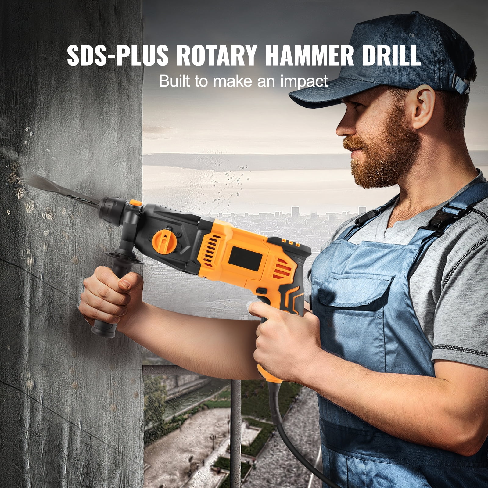 SKYSHALO 1 Inch SDS-Plus 8 Amp Heavy Duty Rotary Hammer Drill, Safety Clutch 4 Functions with Vibration Control Including Grease, Chisels and Drill Bits with Case