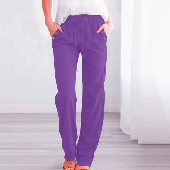 lmcalzta Linen Pants for Women Drawstring High Waisted Slacks Summer Lounge Trousers with Pockets