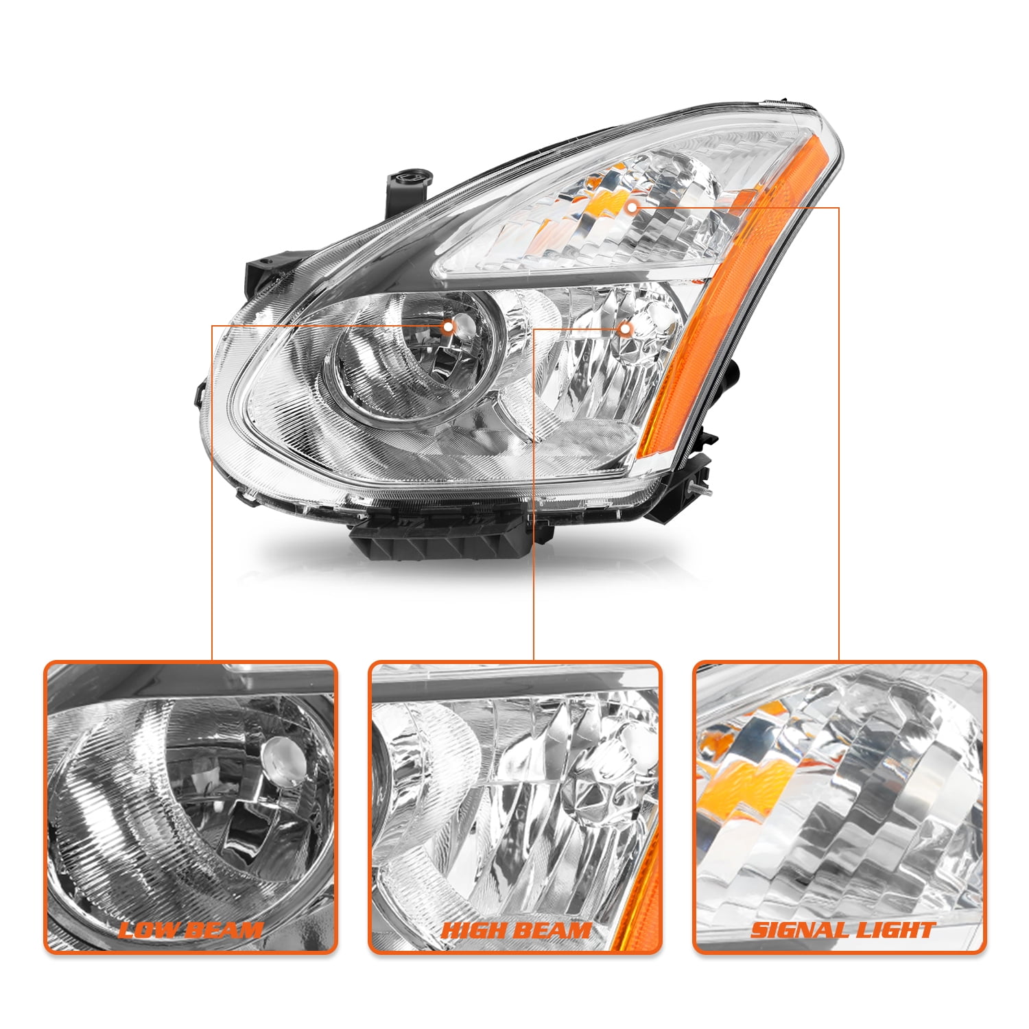 Chrome Headlights Assembly Amber Corner Headlamps Set For 2008-2013 Nissan Rogue