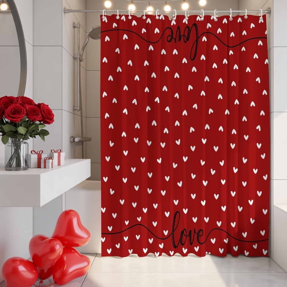 White Love Heart Valentines Red Shower Curtain, 48" x 72", Waterproof Bathroom Curtain Washable Shower Curtain Set with 12 Hooks