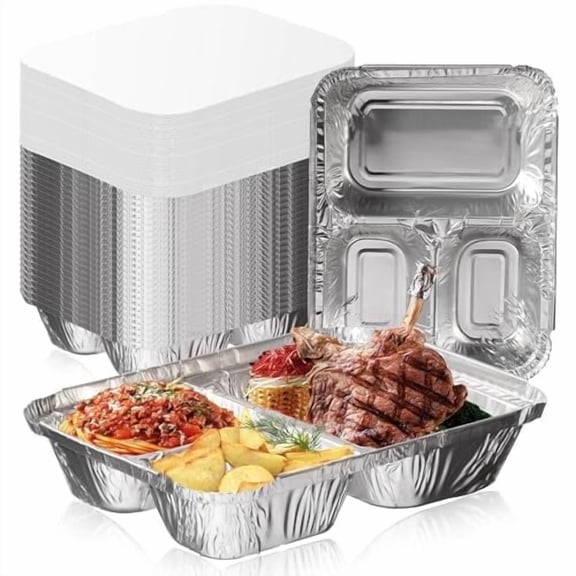 Fit Meal Prep 50 Pack 3 Compartment 8.5 x 6.5 x 1.5 Rectangular Disposable Aluminum Foil Pan Take Out Food Containers with Flat Board Lids, Hot Cold Freezer Oven Safe