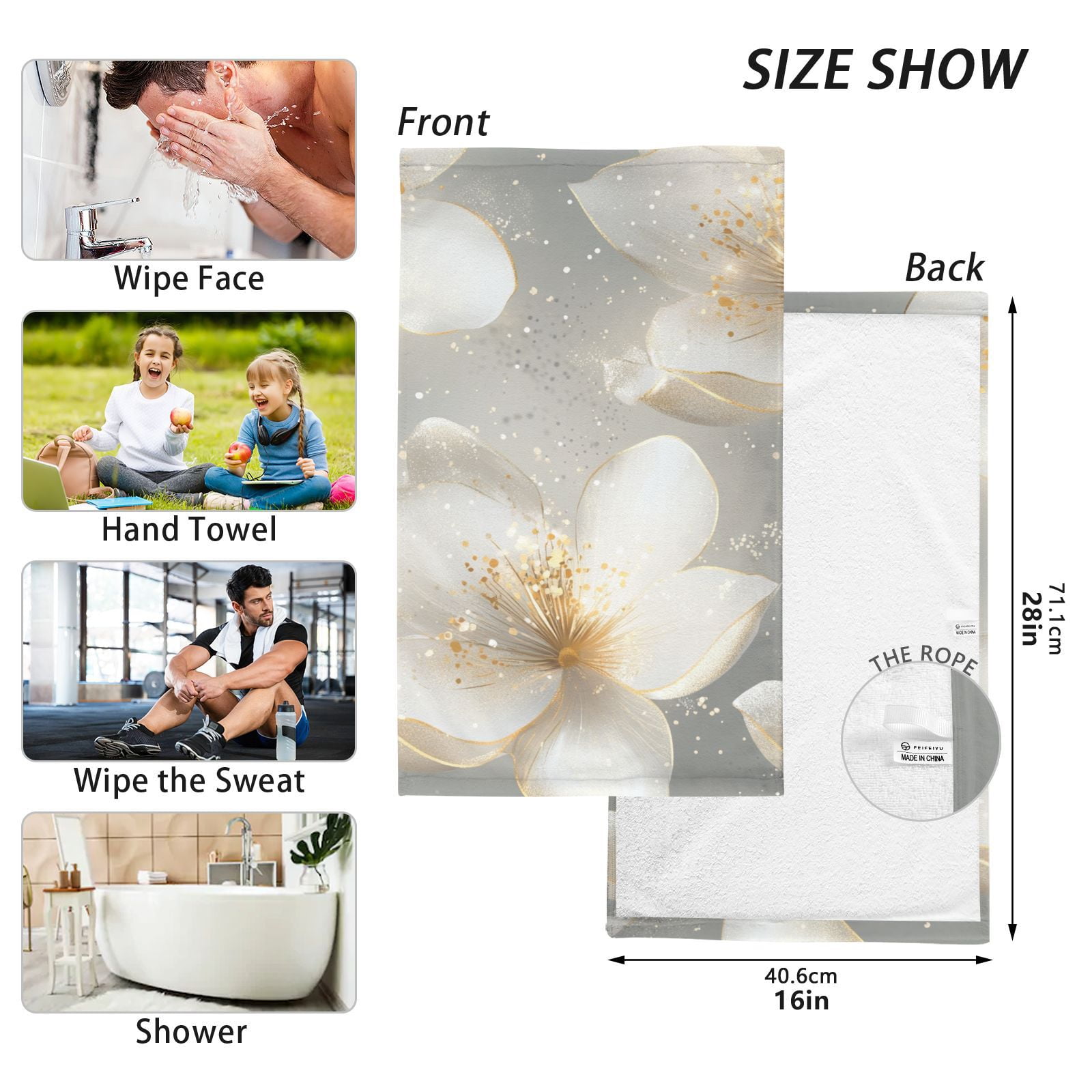 Gold Flowers Hand Towels Cotton Bath Towels Large Face Towels Absorbent for Bathroom 2 Packs