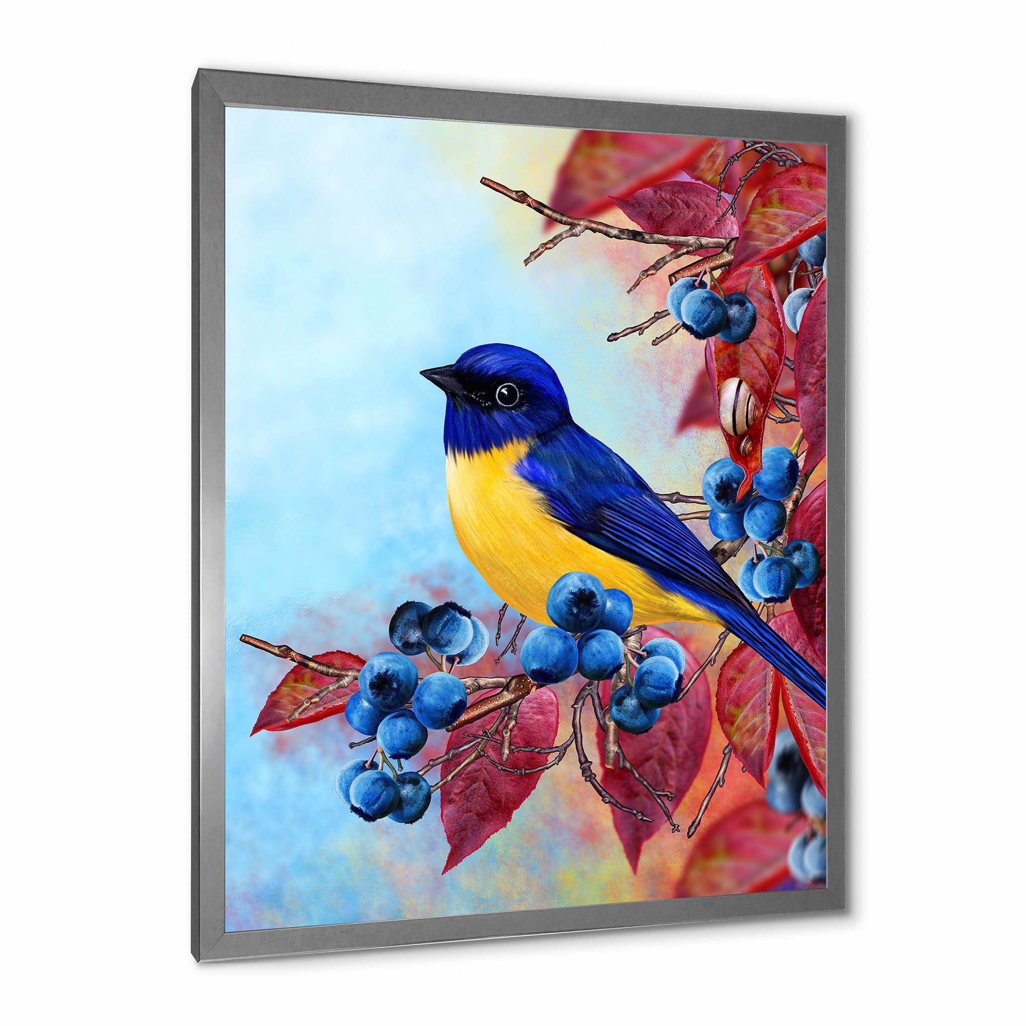 Designart 'Bright Bird Bullfinch Sitting On A Branch of Berries I' Traditional Framed Art Print