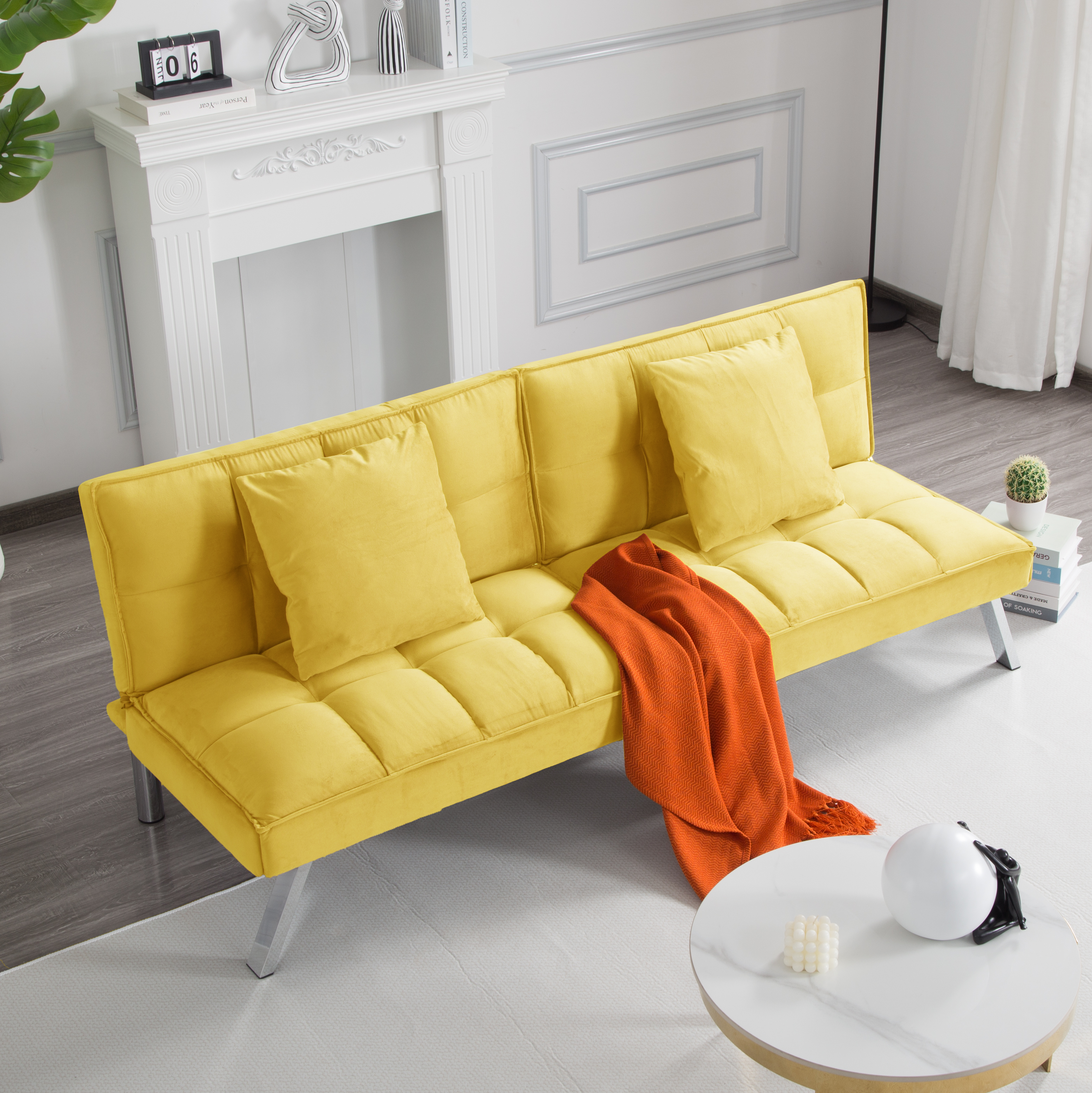 Gewnee 73”Velvet Futon Sofa Bed Convertible Sleeper Sofa with Split-Back 5 Adjustable Angles,Metal Legs & 2 Toss Pillows for Living Room,Office,Guest Room.Yellow