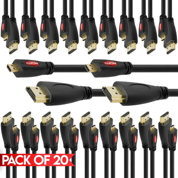 Cmple - [20 PACK] 10 FT Micro HDMI to HDMI Cable Adapter, 4K Micro Type-D to Type-A Cable, Audio Video AV to HDTV Monitor Display Cord for Raspberry Pi, GoPro, Tablet, Smartphone, Game Console