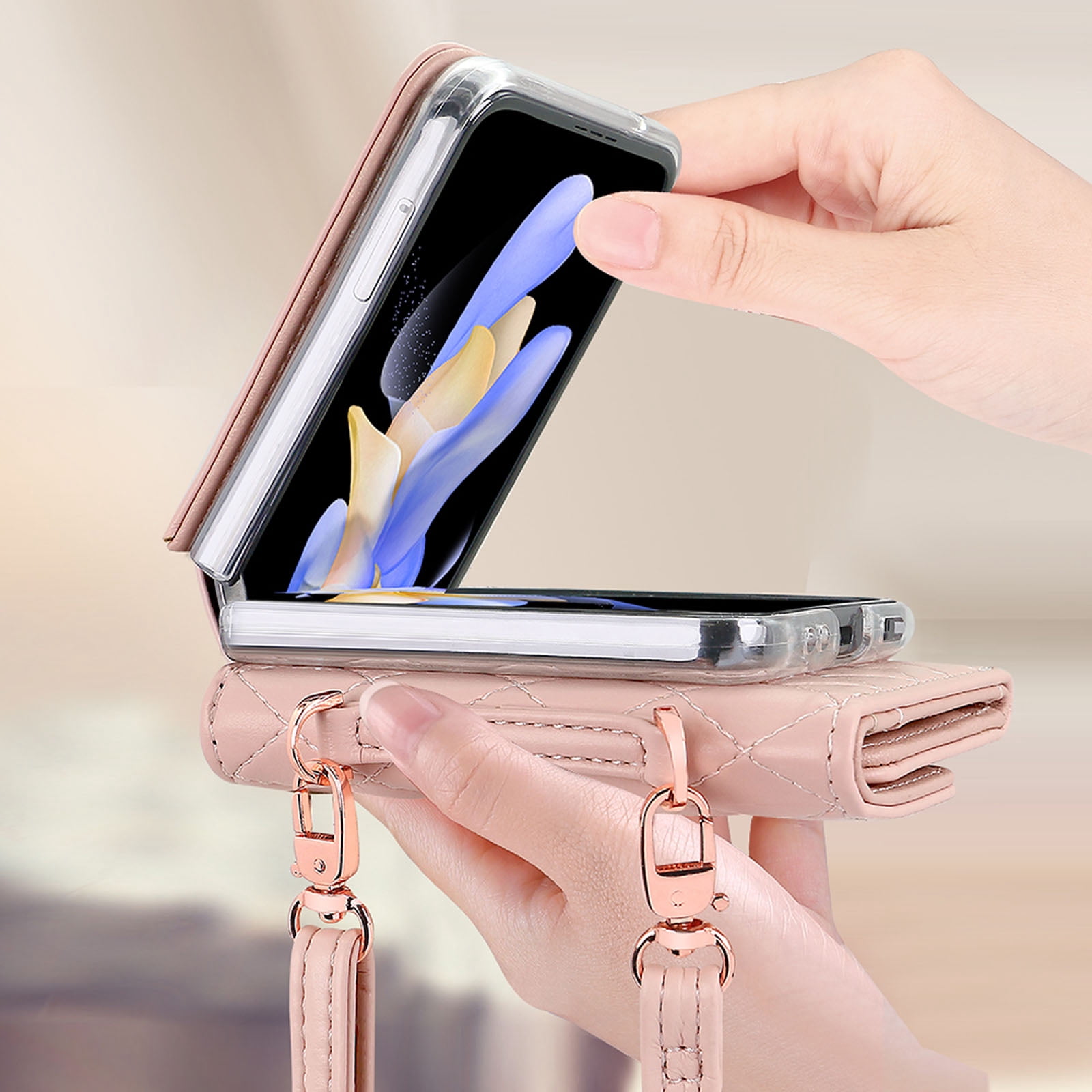 for Samsung Galaxy Z Flip 6 Case with Card Slots, [Crossbody Strap] [RFID Blocking] Women Girls PU Leather Wallet Case Lanyard Crossbody Bag Phone Case for Samsung Galaxy Z Flip 6,Pink