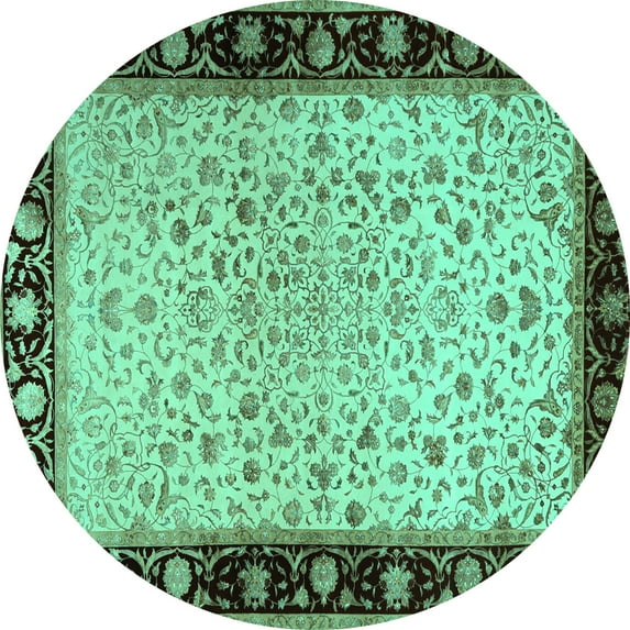 Ahgly Company Machine Washable Indoor Round Oriental Turquoise Blue Traditional Area Rugs, 6' Round