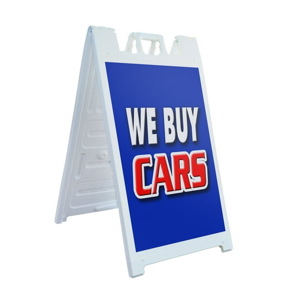 A-frame Sidewalk We Buy Cars 24" x 36" Double Sided A-Frame Sidewalk Sign, Includes 2 Plastic Inserts | Foldable Portable White Signicade Sandwich Board Signs
