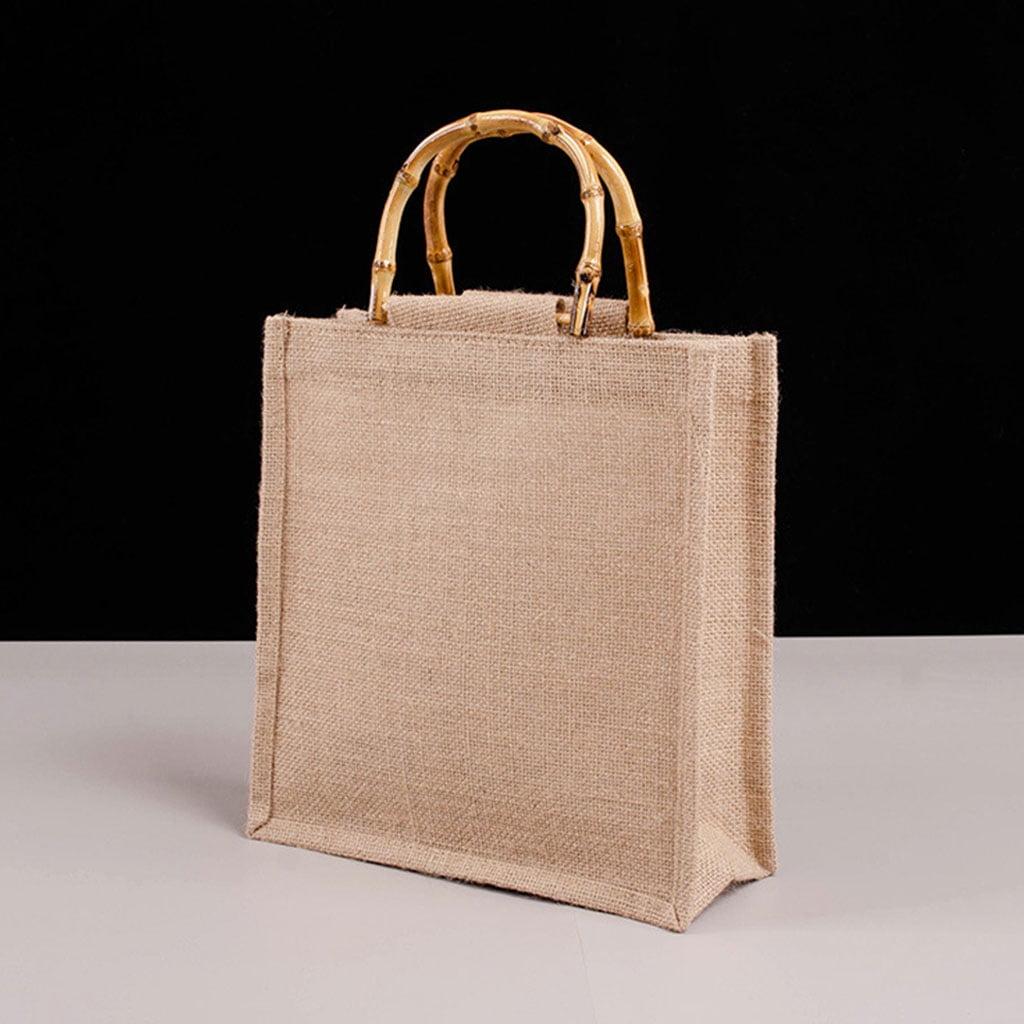 GENEMA Portable Burlap Jute Shopping Bag Handbag Bamboo Loop