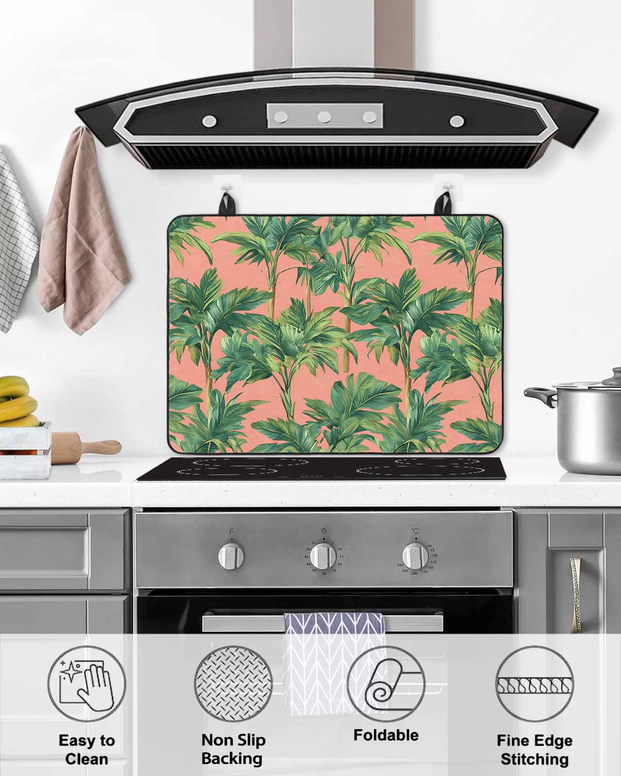 nqOlkjepod Large Induction Cooktop Protector Mat 36"x21", Palm Tree Tropical Stove Top Covers for Electric Stove, Pink Summer Botanical Leaves Stove Burner Cover Mats, Glass Top Stove Cover