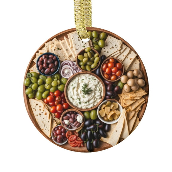 Mediterranean Charcuterie Board Food Double Sided Ceramic Foodie Novelty Holiday Christmas Xmas Tree Ornament Gift Accessory (Flat Printed Design, NOT 3D)