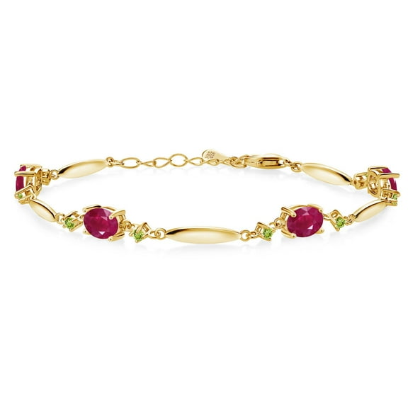 Gem Stone King 18K Yellow Gold Plated Silver Red Ruby and Green Peridot Tennis Bracelet for Women | 4.40 Cttw | Gemstone July Birthstone | Oval 7X5MM | 6 inch   1 inch Extender