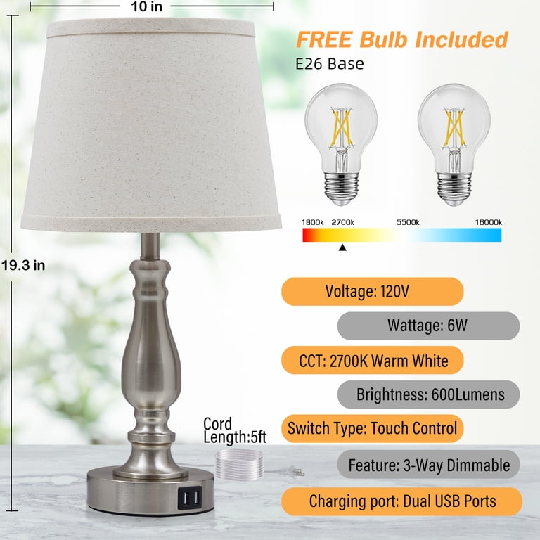 NATYSWAN 2-Piece Brushed Nickel Bedside Lamps with USB Ports photo 4