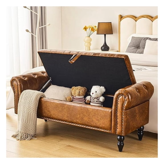 Storage Ottoman for Bed End, Faux Leather Upholstered Bench with Rolled Arms, 52” Long, 2.5 Cubic Feet, Bedroom, Living Room Furniture