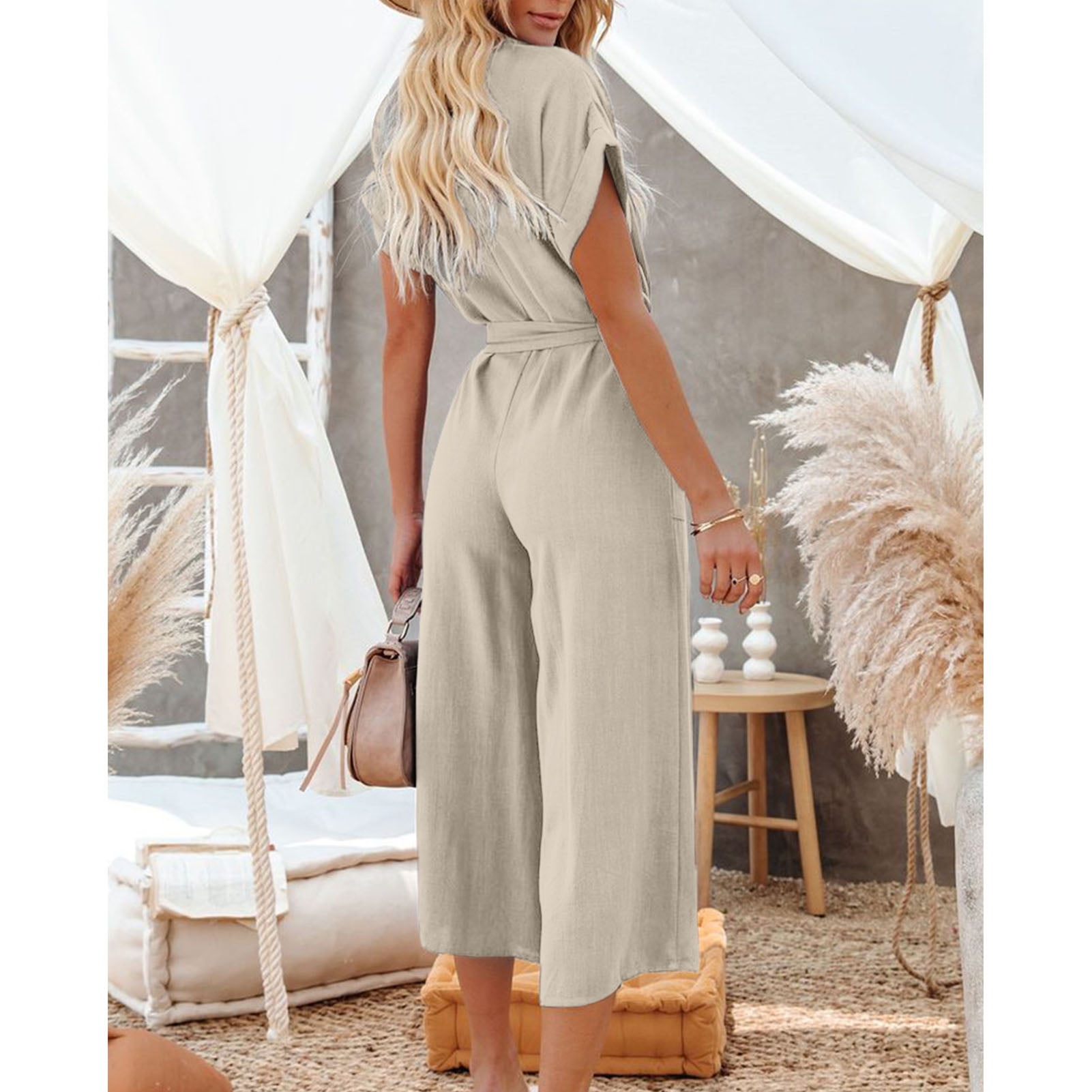V Neck Jumpsuit Belted Wide Leg Romper Elegant Soft Fashionable Pure Color Casual For Holiday Party Beige L Walmart