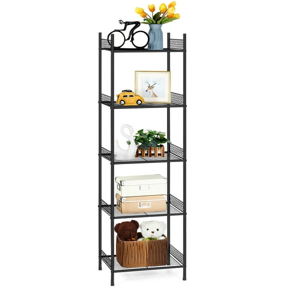 Bathroom Shelves Freestanding Bathroom Towel Storage 5 Tier Wire Shelving Unit with Guard Bathroom Shelf Organizer Standing for Pantry Kitchen Laundry Room Organization, Black