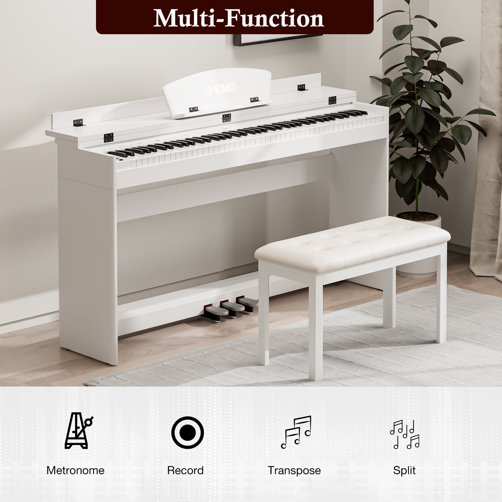 UMOMO 88 Key Digital Piano Keyboard with Piano Bench, Full Size Electric Piano with Piano Stand, Headphone Jack, 3 Pedal, Electronic Piano for Beginner, Adults, White