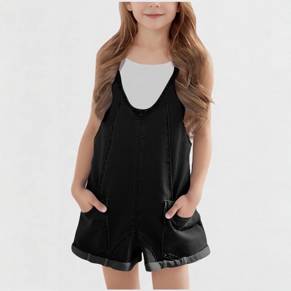 Juslio Girls Shorts Kids Casual Elastic Waist Jumpsuits Denim Shorts with Pockets Solid Jeans Shorts Sizes 5