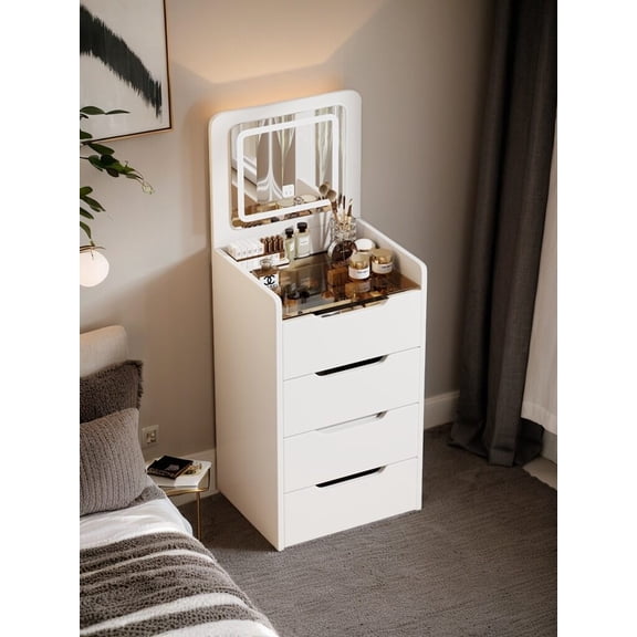 3 in 1 Vanity Desk with Flip Top Mirror, Small Makeup Vanity Set with Visible Glass Desktop, Compact Dressing Table with 3 Drawers for Bedroom, White