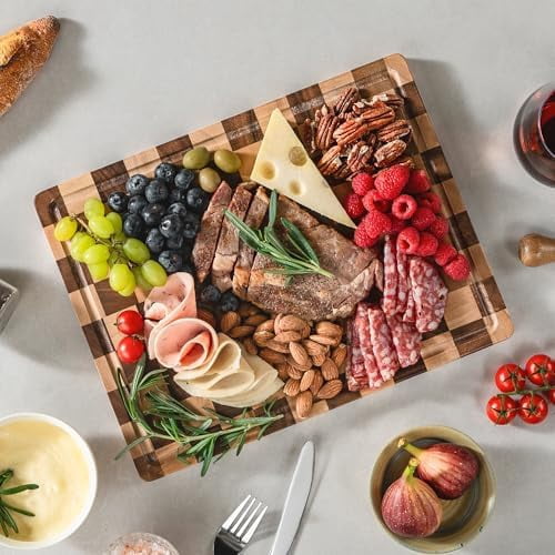 Checkerboard Cutting Board, Wooden Cutting Boards for Kitchen, End Grain Wood Cutting Board with Juice Groove, Serving Tray for Meat, Vegetables, Fruits, Bread, Cheese, 14" X 11" X 0.8"