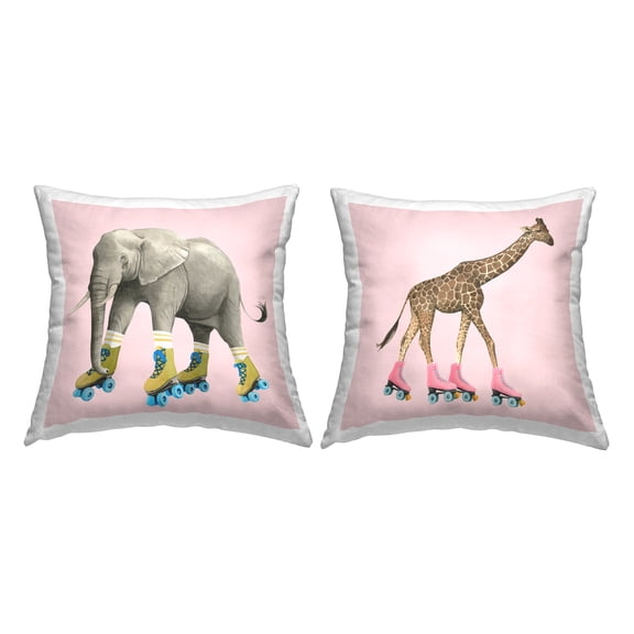Stupell Industries Elephant and Giraffe Roller Skating Retro Pink Kids Pink, 18 x 7 x 18, Decorative Pillows, (Set of 2)