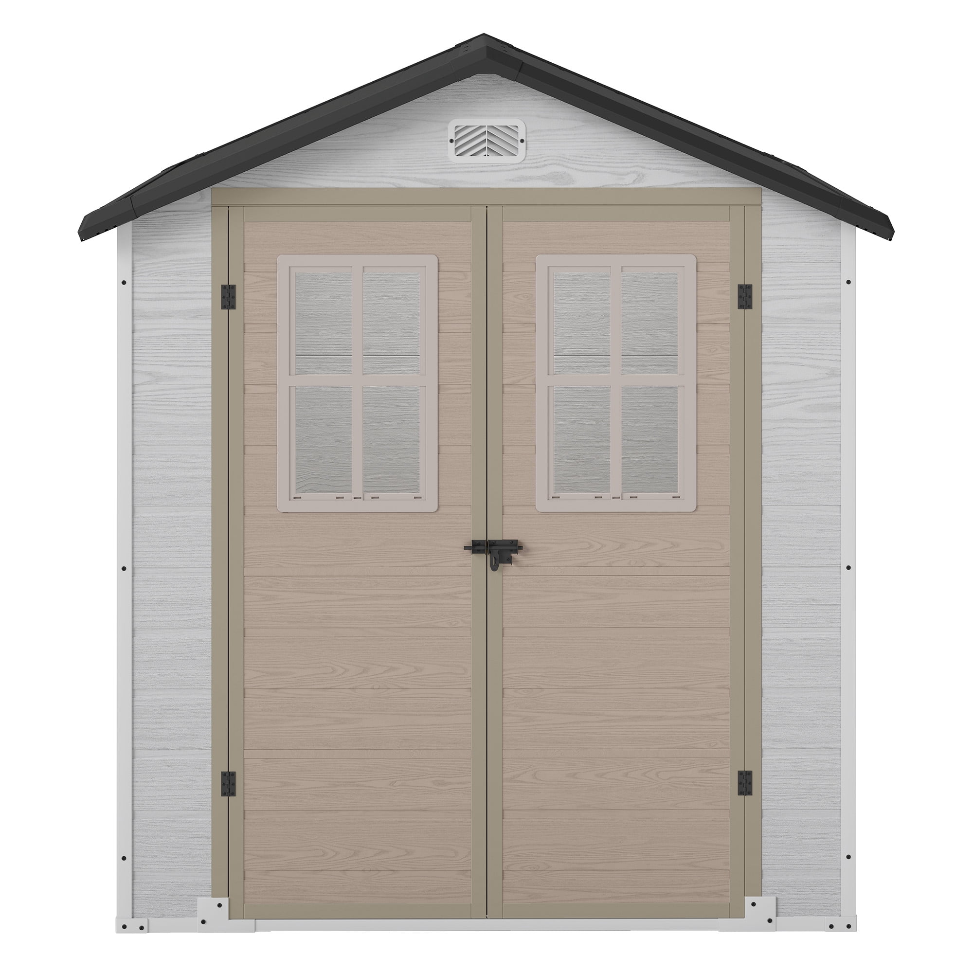 Uforic 6x4.4 FT Double-Wall Resin Outdoor Storage Shed, Plastic Garden Tool Shed with 2 Windows & Lockable Door, Waterproof Storage House for Lawn Mower, Backyard Patio Lawn, Greige & Gray