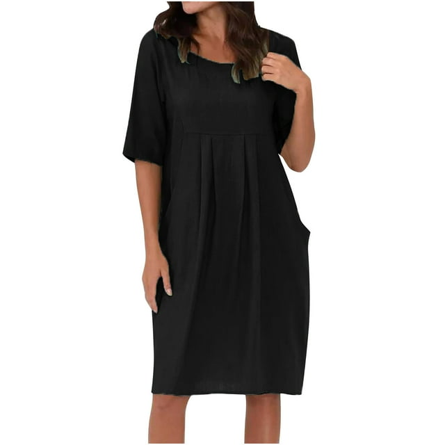 QIPOPIQ Robes pour Femmes avec Poches Manches Courtes Robes Décontractées Tendance Robe d'Été Ronde Col Couleur Unie Robe Offres 2023