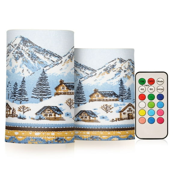 Yayeee Flameless Candles with Remote Flickering Battery Operated Multi Color Changing, Winter Village