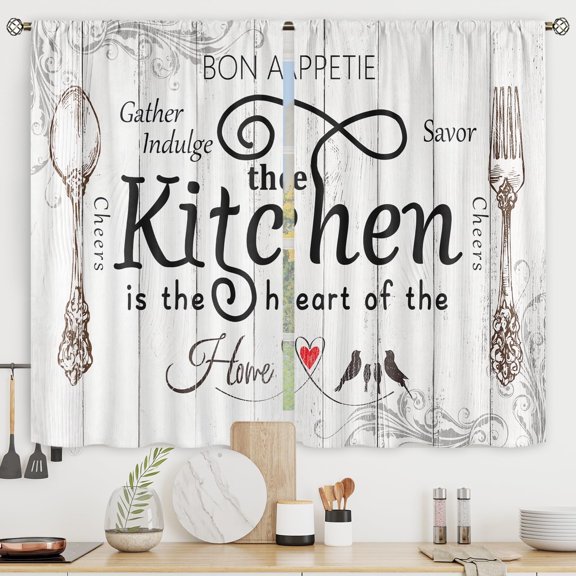 Kitchen Curtains Rustic Farmhouse 55x39 Inch Rod Pocket Country Short Small Barn Fork and Spoon Wooden Wood Plank Board Vintage Printed Cafe Window Curtains Drapes Treatment Fabric 2 Panels