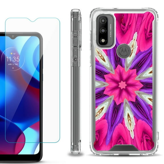 Shockproof Bumper Phone Case for Motorola Moto G Pure, with Tempered Glass Screen Protector, by OneToughShield ® - Kaleidoscope Rose