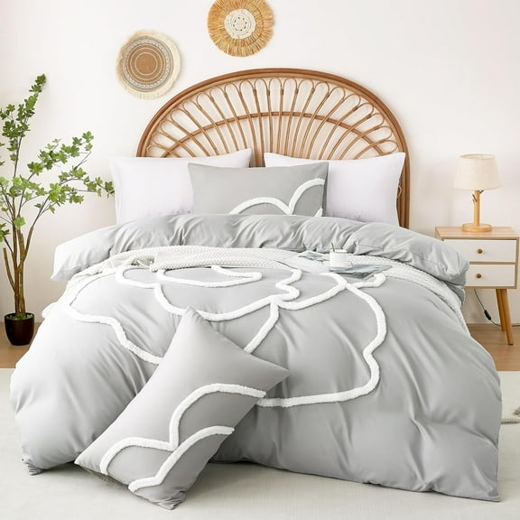 Duvet Cover Queen Size, Boho Tufted  3 Pieces Microfiber Duvet Covers Set with Zipper Closure, Soft Breathable Floral Bedding Set for All Seasons(Grey, Queen, 90"x90")