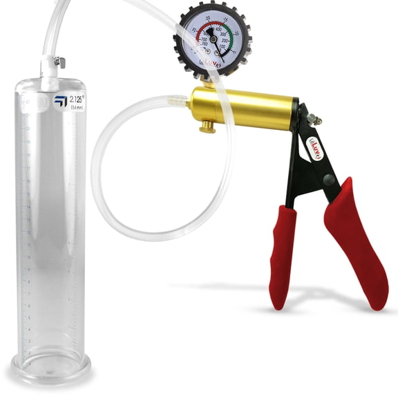 LeLuv Ultima Penis Pump, Brass w/ Red Handle, Silicone Grip, Clear Hose Protected Gauge | 9" x 2.125" Cylinder