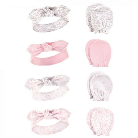 Hudson Baby Infant Girl Cotton Headband and Scratch Mitten Set, Gray Feather, 0-6 Months