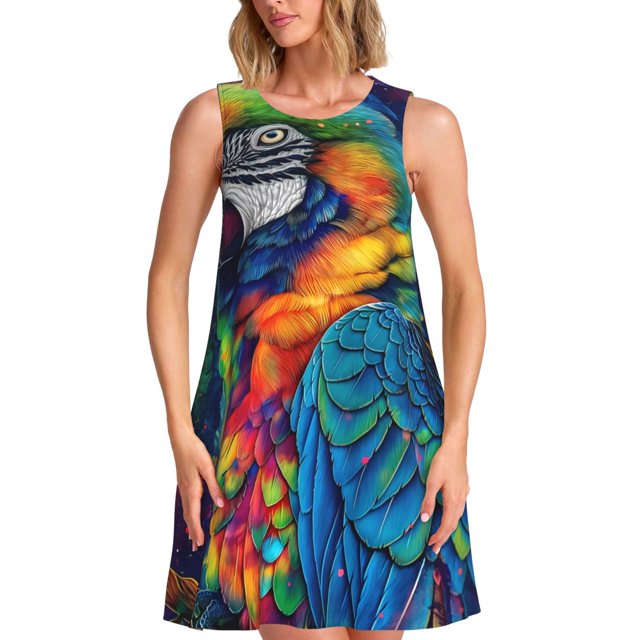 Bixox Robe Sans Manches Imprimé Perroquet Arc-en-Ciel Vibrant pour Femmes avec Poches, Robe Décontractée Longueur Genou pour l'Été-3TG